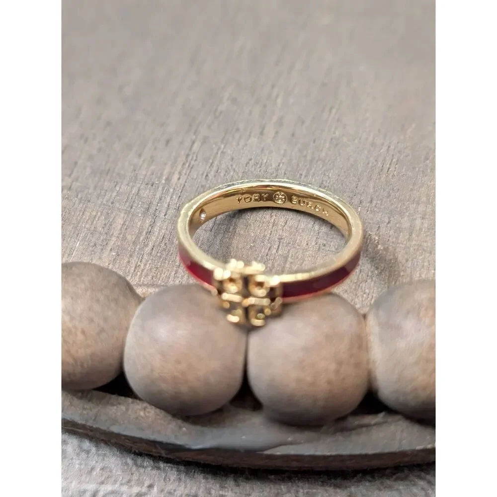 TORY BURCH Kira Maroon Enamel Double T Logo Ring Size 8